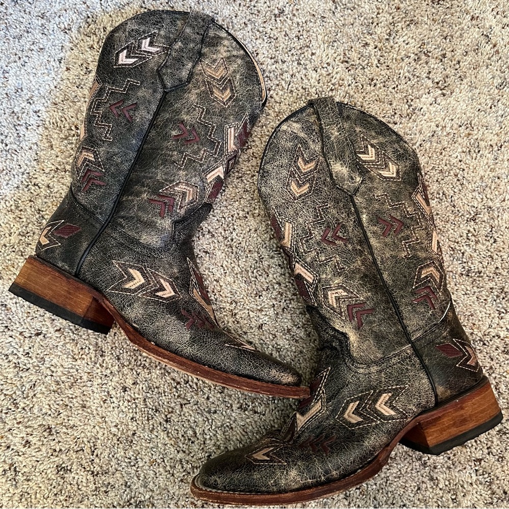 Circle G Bone Arrowhead Black Cowboy Boots Size 8M